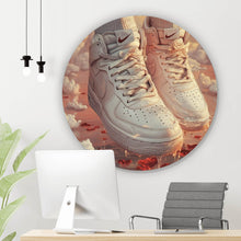 Lade das Bild in den Galerie-Viewer, Aluminiumbild Weiße Sneaker schweben über Wolken und Rosenblättern Kreis