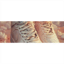 Lade das Bild in den Galerie-Viewer, Acrylglasbild Weiße Sneaker schweben über Wolken und Rosenblättern Panorama