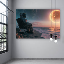 Lade das Bild in den Galerie-Viewer, Leinwandbild Weltraum Sonnenuntergang am Strand Querformat