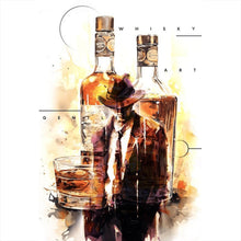 Lade das Bild in den Galerie-Viewer, Leinwandbild Whiskyflaschen und Glas vor künstlerischem Hintergrund Hochformat