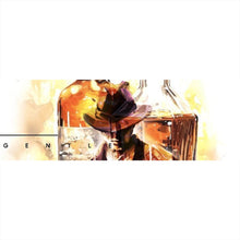 Lade das Bild in den Galerie-Viewer, Spannrahmenbild Whiskyflaschen und Glas vor künstlerischem Hintergrund Panorama