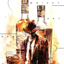Lade das Bild in den Galerie-Viewer, Acrylglasbild Whiskyflaschen und Glas vor künstlerischem Hintergrund Quadrat