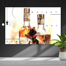 Lade das Bild in den Galerie-Viewer, Aluminiumbild gebürstet Whiskyflaschen und Glas vor künstlerischem Hintergrund Querformat
