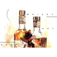 Lade das Bild in den Galerie-Viewer, Acrylglasbild Whiskyflaschen und Glas vor künstlerischem Hintergrund Querformat