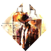 Lade das Bild in den Galerie-Viewer, Aluminiumbild gebürstet Whiskyflaschen und Glas vor künstlerischem Hintergrund Raute