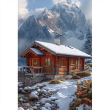 Lade das Bild in den Galerie-Viewer, Aluminiumbild gebürstet Winterliche Holzhütte vor majestätischen schneebedeckten Bergen Hochformat