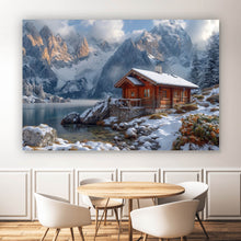 Lade das Bild in den Galerie-Viewer, Leinwandbild Winterliche Holzhütte vor majestätischen schneebedeckten Bergen Querformat