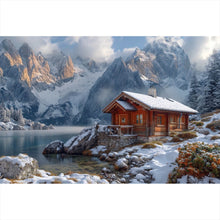 Lade das Bild in den Galerie-Viewer, Acrylglasbild Winterliche Holzhütte vor majestätischen schneebedeckten Bergen Querformat