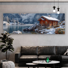 Lade das Bild in den Galerie-Viewer, Aluminiumbild gebürstet Winterliche Holzhütte vor majestätischen schneebedeckten Bergen Panorama
