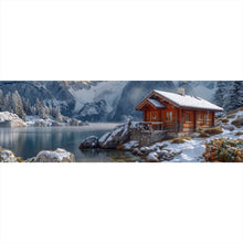 Lade das Bild in den Galerie-Viewer, Acrylglasbild Winterliche Holzhütte vor majestätischen schneebedeckten Bergen Panorama