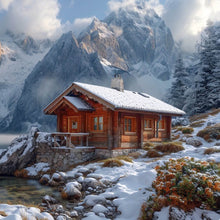 Lade das Bild in den Galerie-Viewer, Acrylglasbild Winterliche Holzhütte vor majestätischen schneebedeckten Bergen Quadrat