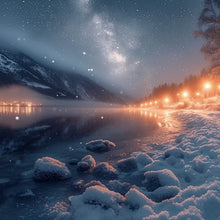 Lade das Bild in den Galerie-Viewer, Aluminiumbild gebürstet Winterliche Landschaft mit funkelndem Sternenhimmel Quadrat