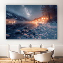 Lade das Bild in den Galerie-Viewer, Aluminiumbild gebürstet Winterliche Landschaft mit funkelndem Sternenhimmel Querformat