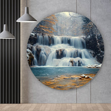 Lade das Bild in den Galerie-Viewer, Aluminiumbild gebürstet Winterlicher Wasserfall in verschneiter Waldlandschaft Kreis