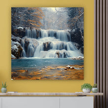 Lade das Bild in den Galerie-Viewer, Aluminiumbild Winterlicher Wasserfall in verschneiter Waldlandschaft Quadrat