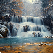 Lade das Bild in den Galerie-Viewer, Leinwandbild Winterlicher Wasserfall in verschneiter Waldlandschaft Quadrat