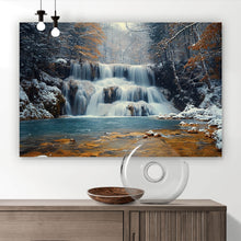 Lade das Bild in den Galerie-Viewer, Leinwandbild Winterlicher Wasserfall in verschneiter Waldlandschaft Querformat