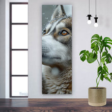 Lade das Bild in den Galerie-Viewer, Leinwandbild Wolf schaut aufmerksam im winterlichen Schneefall Panorama Hoch