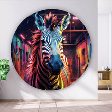 Lade das Bild in den Galerie-Viewer, Aluminiumbild gebürstet Zebra in bunter surrealer Umgebung Kreis