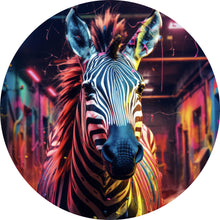 Lade das Bild in den Galerie-Viewer, Aluminiumbild Zebra in bunter surrealer Umgebung Kreis