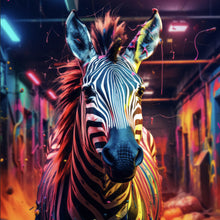 Lade das Bild in den Galerie-Viewer, Leinwandbild Zebra in bunter surrealer Umgebung Quadrat