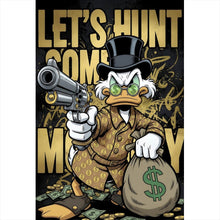 Lade das Bild in den Galerie-Viewer, Aluminiumbild gebürstet Zeichentrick Ente mit Geld und Pistole Hochformat