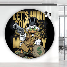 Lade das Bild in den Galerie-Viewer, Aluminiumbild Zeichentrick Ente mit Geld und Pistole Kreis