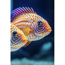 Lade das Bild in den Galerie-Viewer, Aluminiumbild Zwei bunte Fische im klaren Wasser Hochformat