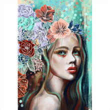 Lade das Bild in den Galerie-Viewer, Acrylglasbild Abstrakte Frau im Blumenmeer Hochformat