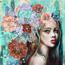 Lade das Bild in den Galerie-Viewer, Acrylglasbild Abstrakte Frau im Blumenmeer Quadrat