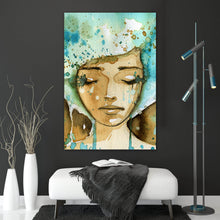 Lade das Bild in den Galerie-Viewer, Aluminiumbild gebürstet Aquarell einer jungen Frau Hochformat