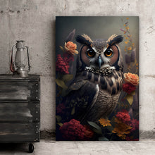 Lade das Bild in den Galerie-Viewer, Aluminiumbild gebürstet Ausdrucksvolle Eule mit Blumen Hochformat