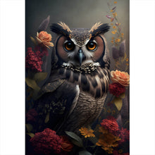 Lade das Bild in den Galerie-Viewer, Leinwandbild Ausdrucksvolle Eule mit Blumen Hochformat
