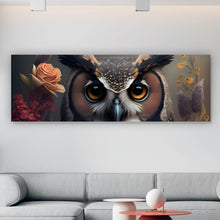 Lade das Bild in den Galerie-Viewer, Spannrahmenbild Ausdrucksvolle Eule mit Blumen Panorama