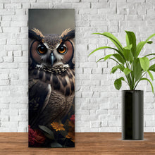 Lade das Bild in den Galerie-Viewer, Aluminiumbild Ausdrucksvolle Eule mit Blumen Panorama Hoch