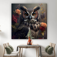 Lade das Bild in den Galerie-Viewer, Spannrahmenbild Ausdrucksvolle Eule mit Blumen Quadrat