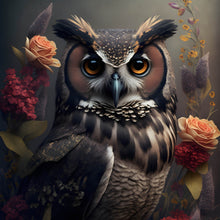 Lade das Bild in den Galerie-Viewer, Spannrahmenbild Ausdrucksvolle Eule mit Blumen Quadrat
