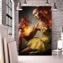 Lade das Bild in den Galerie-Viewer, Aluminiumbild Ballerina steht in Flammen Hochformat