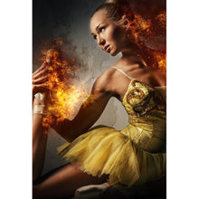 Lade das Bild in den Galerie-Viewer, Acrylglasbild Ballerina steht in Flammen Hochformat