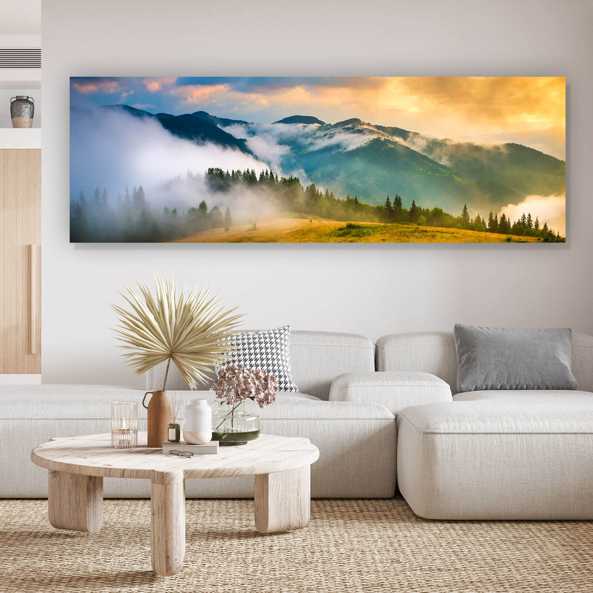 im Nebel Wandguru – Panorama, Aufhängefertig Berglandschaft im Acrylglasbild & Versandkostenfrei