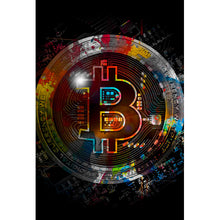 Lade das Bild in den Galerie-Viewer, Aluminiumbild Bitcoin mit bunten Farbspritzern Abstrakt Hochformat