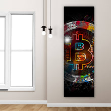 Lade das Bild in den Galerie-Viewer, Aluminiumbild gebürstet Bitcoin mit bunten Farbspritzern Abstrakt Panorama Hoch