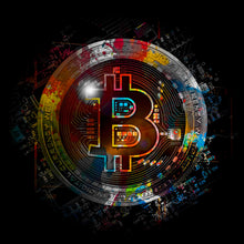Lade das Bild in den Galerie-Viewer, Aluminiumbild gebürstet Bitcoin mit bunten Farbspritzern Abstrakt Quadrat