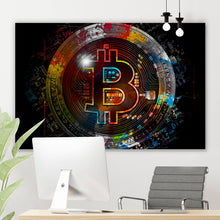 Lade das Bild in den Galerie-Viewer, Aluminiumbild Bitcoin mit bunten Farbspritzern Abstrakt Querformat