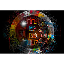 Lade das Bild in den Galerie-Viewer, Aluminiumbild Bitcoin mit bunten Farbspritzern Abstrakt Querformat