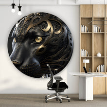 Lade das Bild in den Galerie-Viewer, Aluminiumbild Black Panther mit goldenen Verzierungen Kreis