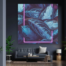 Lade das Bild in den Galerie-Viewer, Aluminiumbild gebürstet Blätter mit Lichtrahmen Neon Pink Quadrat