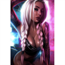 Lade das Bild in den Galerie-Viewer, Aluminiumbild gebürstet Blondes Tattoo Girl im Neonlicht Hochformat