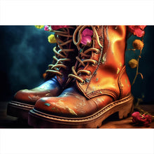 Lade das Bild in den Galerie-Viewer, Aluminiumbild gebürstet Blumenverzierte Stiefel Querformat