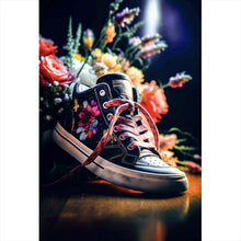 Lade das Bild in den Galerie-Viewer, Aluminiumbild gebürstet Blumiger Boho Turnschuh Hochformat